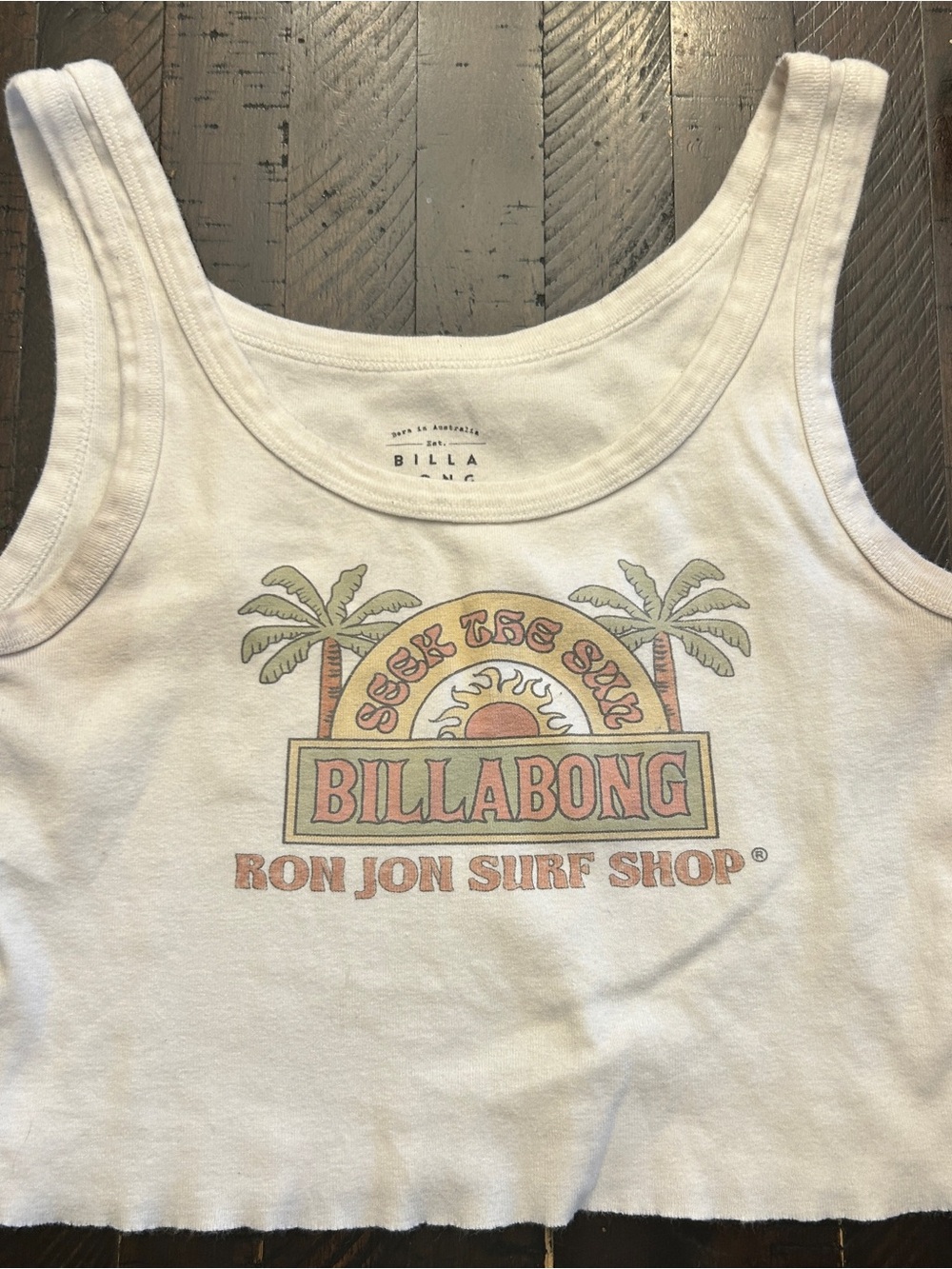 Billabong White Graphic Crop Tank with Pastel Surf Print